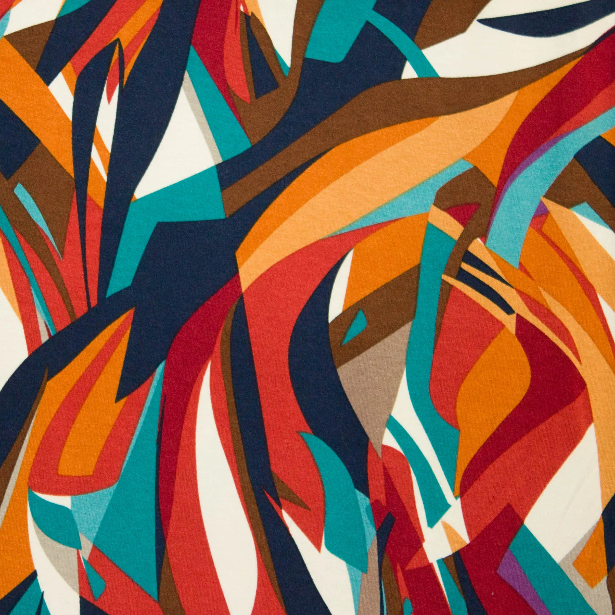 Viscose tricot rood multicolor met abstract patroon